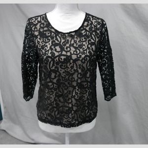 H&M S Black Applique Lace Illusion, 3/4 sheer laced Sleeve Top, Full button back